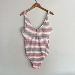 Aerie XL One Piece Low Back Striped Brown Red White Bathing Suit Swim Padded